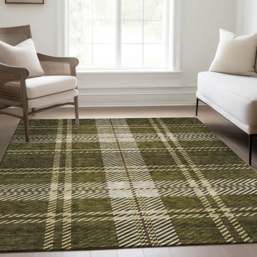 Olive Green Beige And Ivory Plaid Washable Area Rug With UV Protection Photo 5