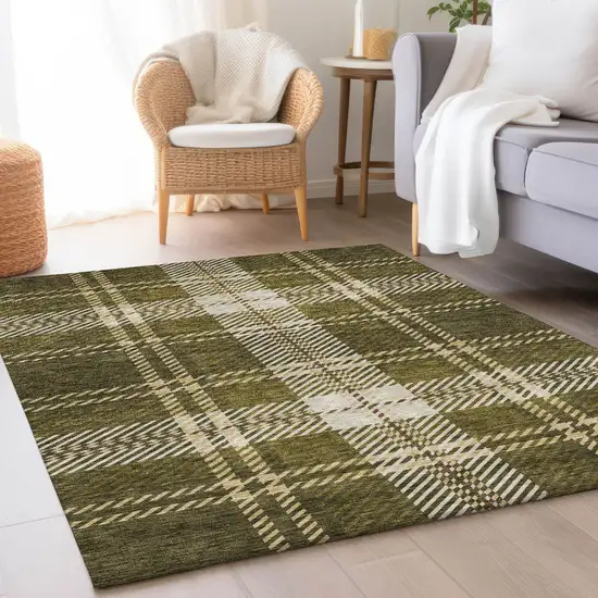 Olive Green Beige And Ivory Plaid Washable Area Rug With UV Protection Photo 4