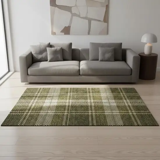 Olive Green Beige And Ivory Plaid Washable Area Rug With UV Protection Photo 2