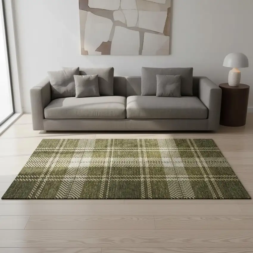 Olive Green Beige And Ivory Plaid Washable Area Rug With UV Protection Photo 2