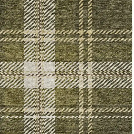 Olive Green Beige And Ivory Plaid Washable Area Rug With UV Protection Photo 3