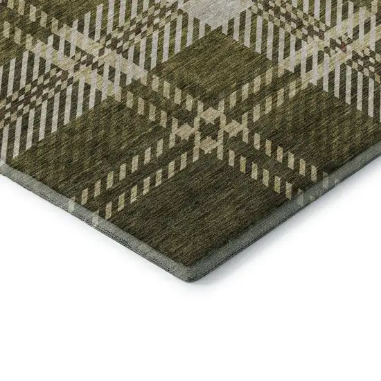 Olive Green Beige And Ivory Plaid Washable Area Rug With UV Protection Photo 7