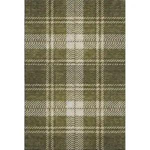 Photo of Olive Green Beige And Ivory Plaid Washable Area Rug With UV Protection