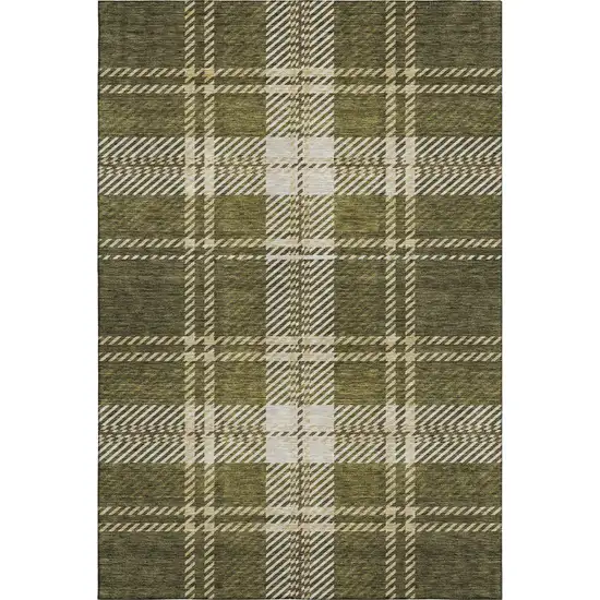 Olive Green Beige And Ivory Plaid Washable Area Rug With UV Protection Photo 1