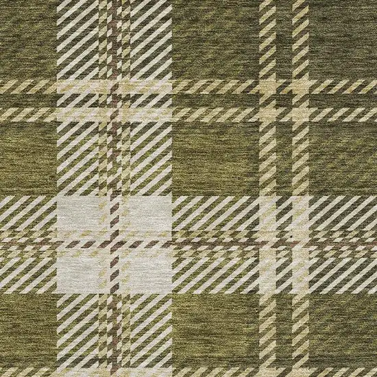 Olive Green Beige And Ivory Plaid Washable Area Rug With UV Protection Photo 2