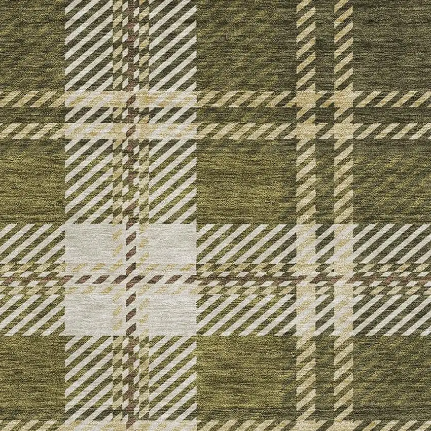 Olive Green Beige And Ivory Plaid Washable Area Rug With UV Protection Photo 2