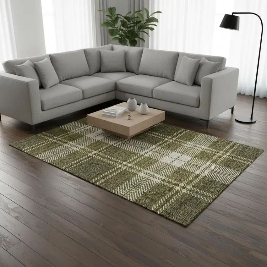 Olive Green Beige And Ivory Plaid Washable Area Rug With UV Protection Photo 2