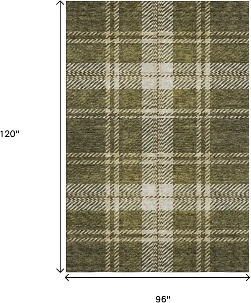 Olive Green Beige And Ivory Plaid Washable Area Rug With UV Protection Photo 9