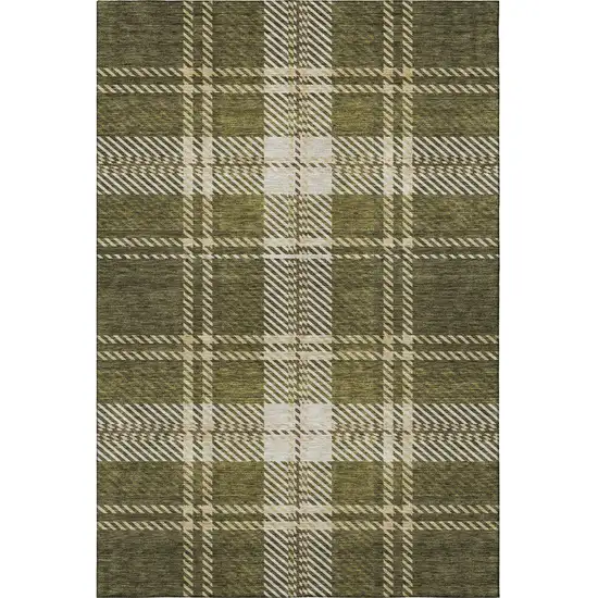 Olive Green Beige And Ivory Plaid Washable Area Rug With UV Protection Photo 2