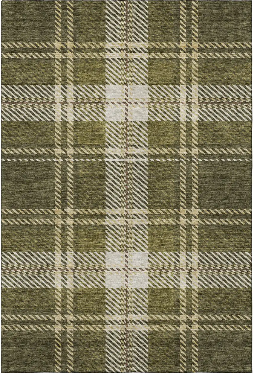 Olive Green Beige And Ivory Plaid Washable Area Rug With UV Protection Photo 2