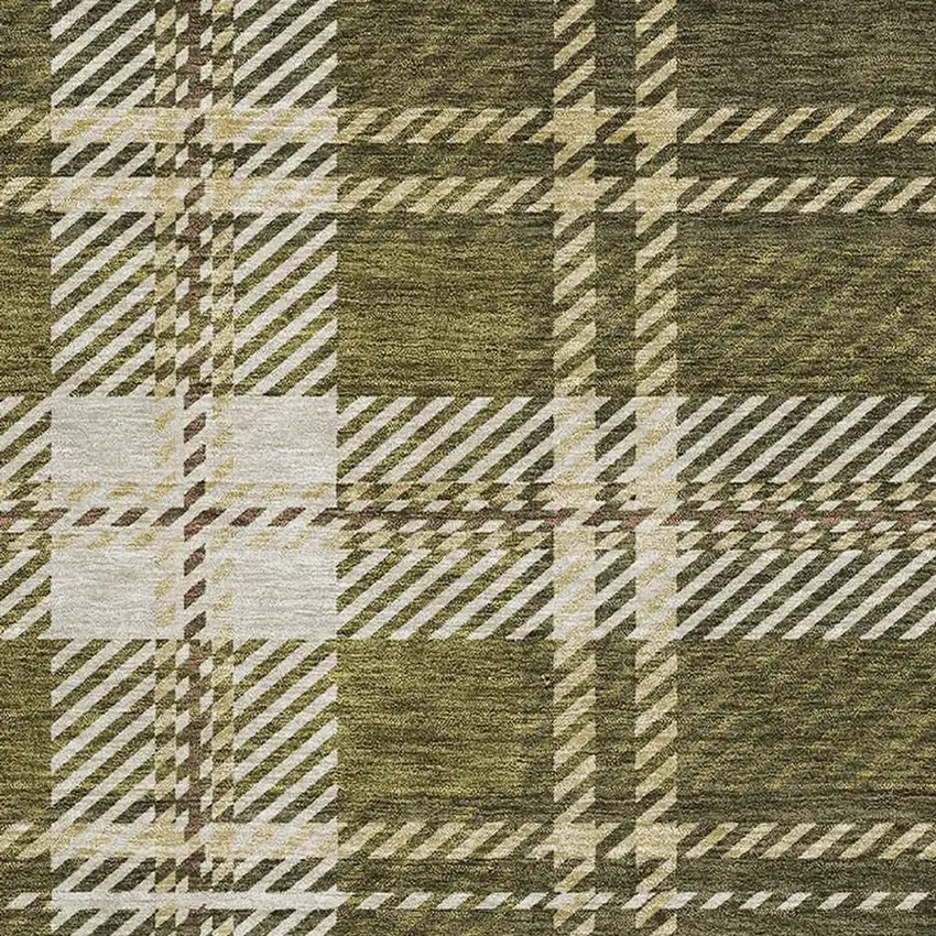 Olive Green Beige And Ivory Plaid Washable Area Rug With UV Protection Photo 2