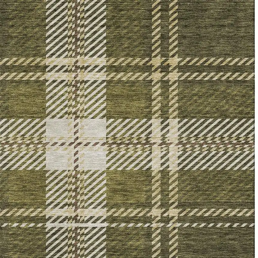 Olive Green Beige And Ivory Plaid Washable Area Rug With UV Protection Photo 3