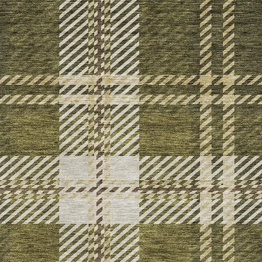 Olive Green Beige And Ivory Plaid Washable Area Rug With UV Protection Photo 2