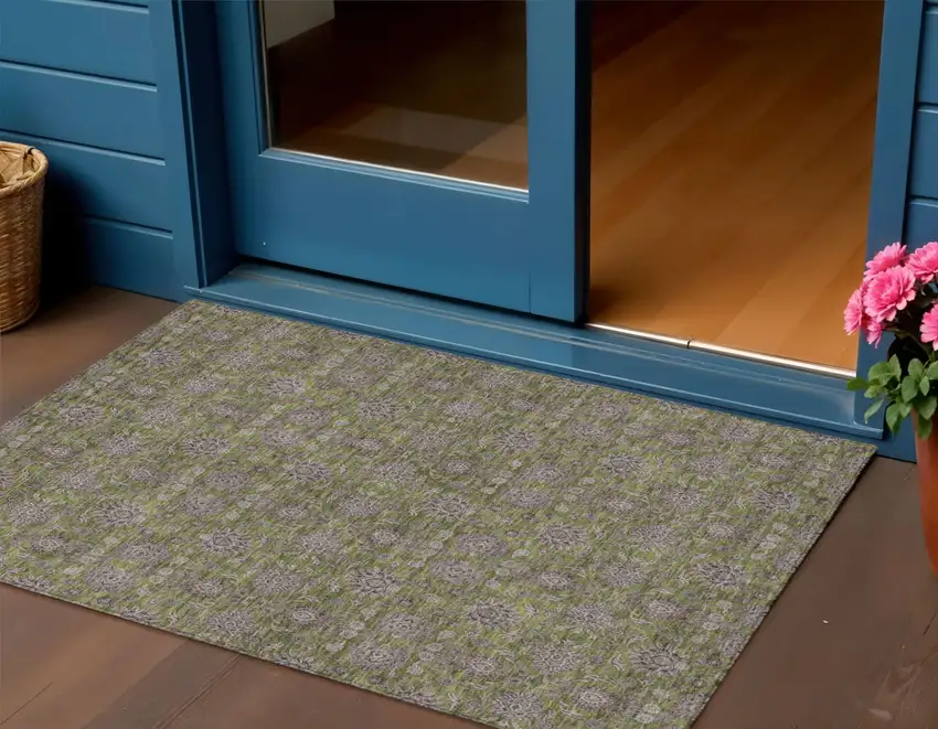 Olive Green Beige And Taupe Floral Washable Indoor Outdoor Area Rug Photo 1