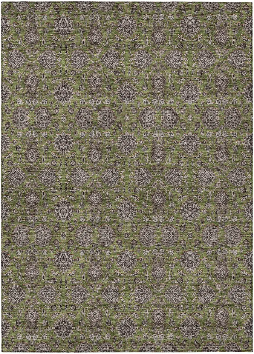 Olive Green Beige And Taupe Floral Washable Indoor Outdoor Area Rug Photo 1