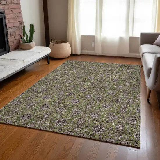 Olive Green Beige And Taupe Floral Washable Indoor Outdoor Area Rug Photo 8