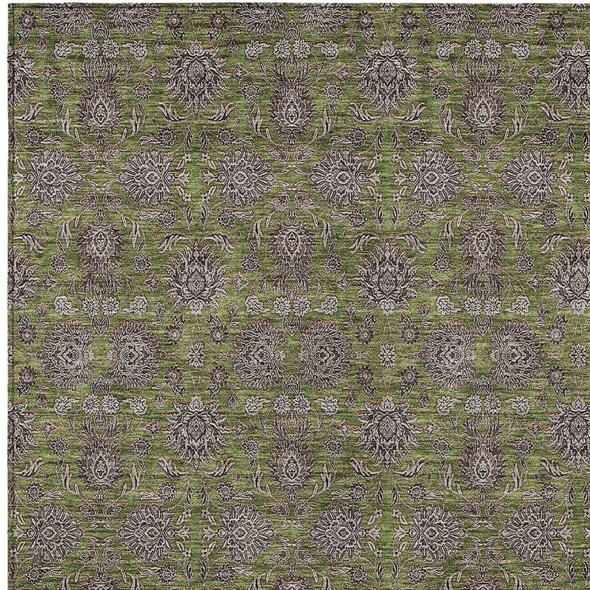 Olive Green Beige And Taupe Floral Washable Indoor Outdoor Area Rug Photo 4