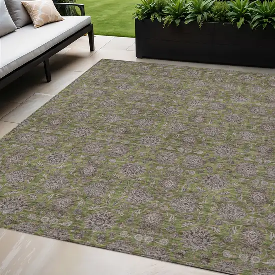 Olive Green Beige And Taupe Floral Washable Indoor Outdoor Area Rug Photo 1