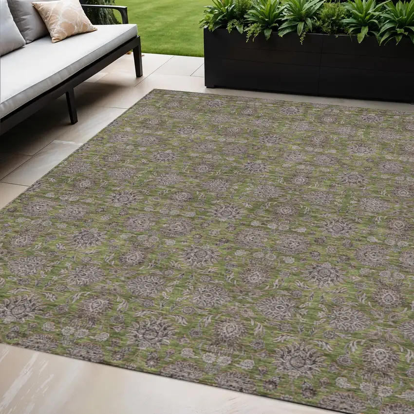 Olive Green Beige And Taupe Floral Washable Indoor Outdoor Area Rug Photo 1