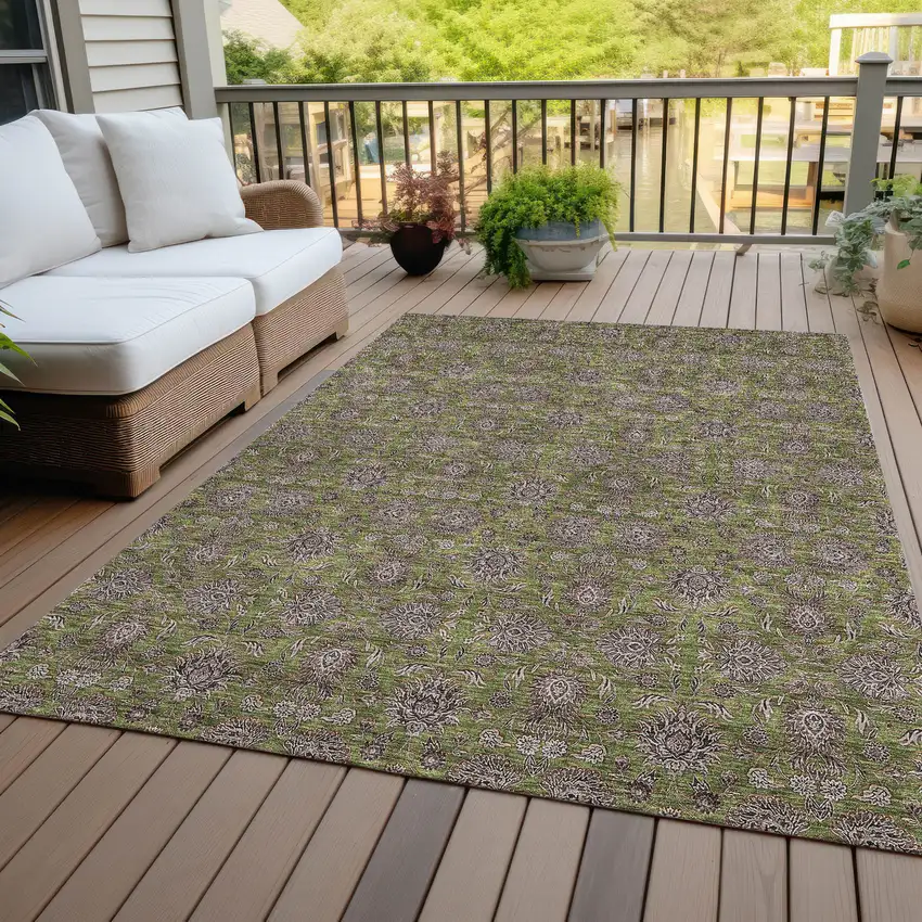 Olive Green Beige And Taupe Floral Washable Indoor Outdoor Area Rug Photo 6
