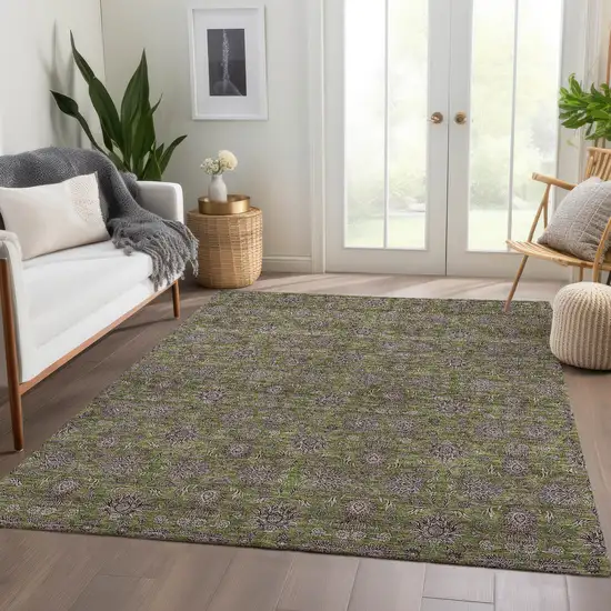 Olive Green Beige And Taupe Floral Washable Indoor Outdoor Area Rug Photo 7