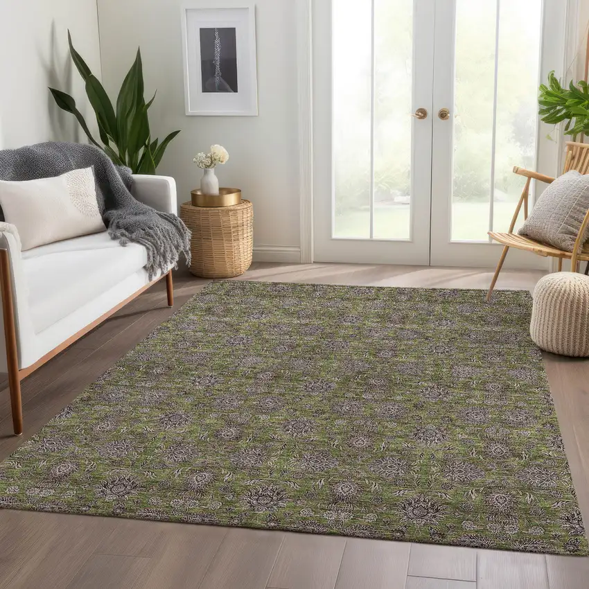 Olive Green Beige And Taupe Floral Washable Indoor Outdoor Area Rug Photo 7