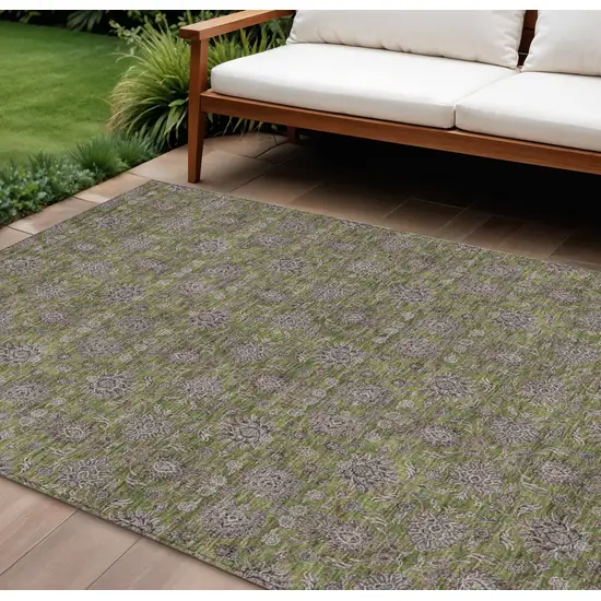 Olive Green Beige And Taupe Floral Washable Indoor Outdoor Area Rug Photo 1
