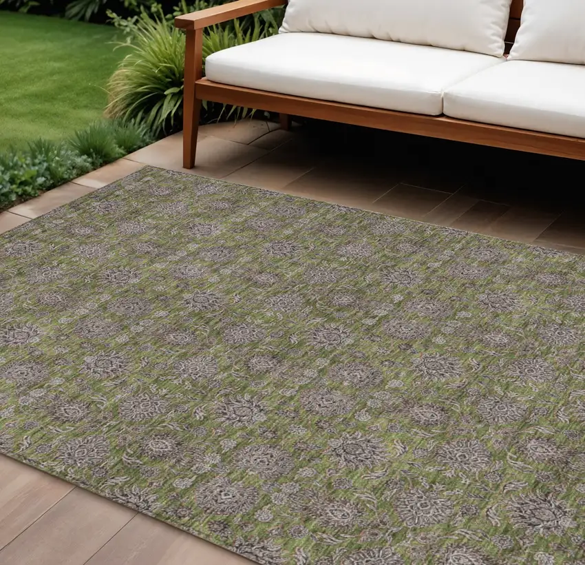 Olive Green Beige And Taupe Floral Washable Indoor Outdoor Area Rug Photo 1