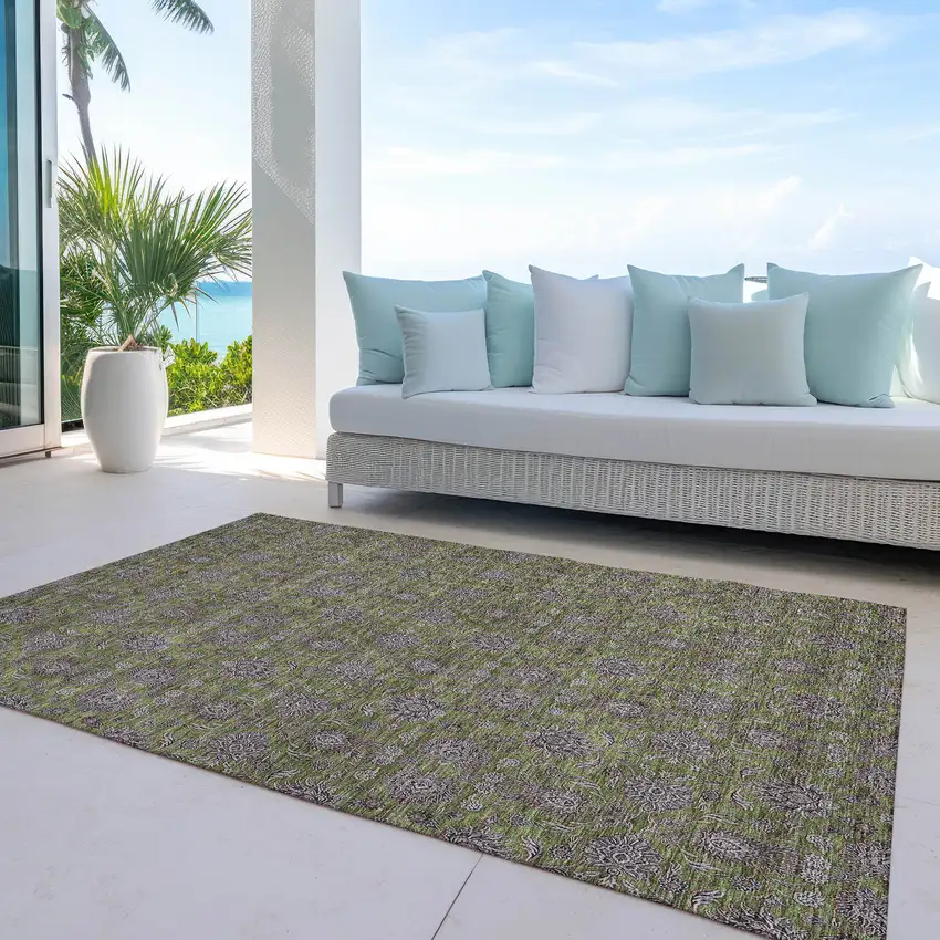 Olive Green Beige And Taupe Floral Washable Indoor Outdoor Area Rug Photo 8