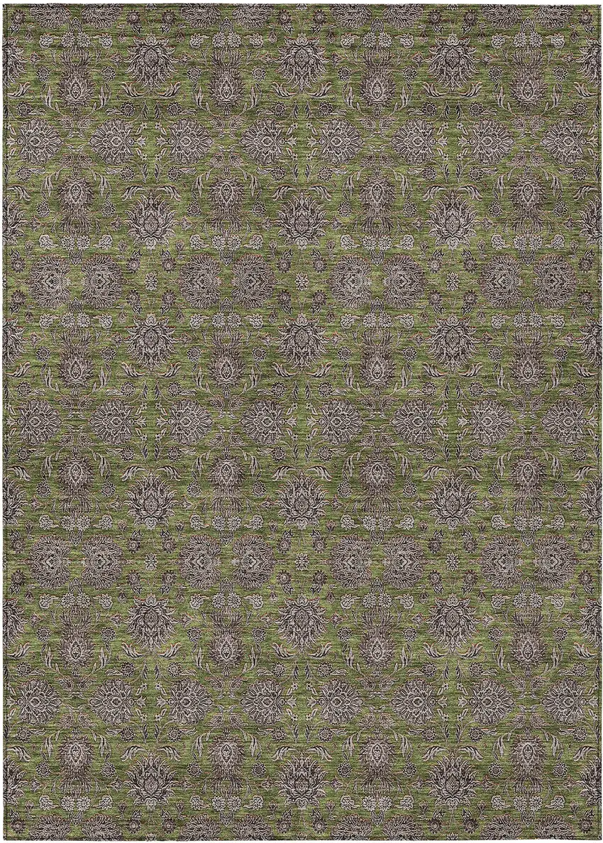 Olive Green Beige And Taupe Floral Washable Indoor Outdoor Area Rug Photo 1