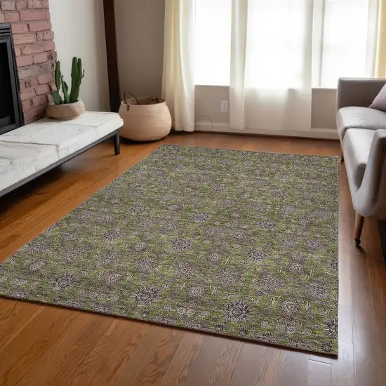 Olive Green Beige And Taupe Floral Washable Indoor Outdoor Area Rug Photo 7