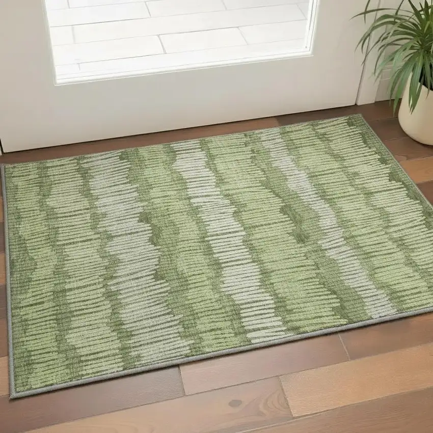 Olive Green Beige And Taupe Striped Washable Area Rug With UV Protection Photo 2