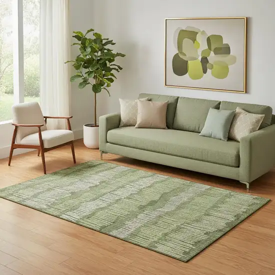 Olive Green Beige And Taupe Striped Washable Area Rug With UV Protection Photo 1