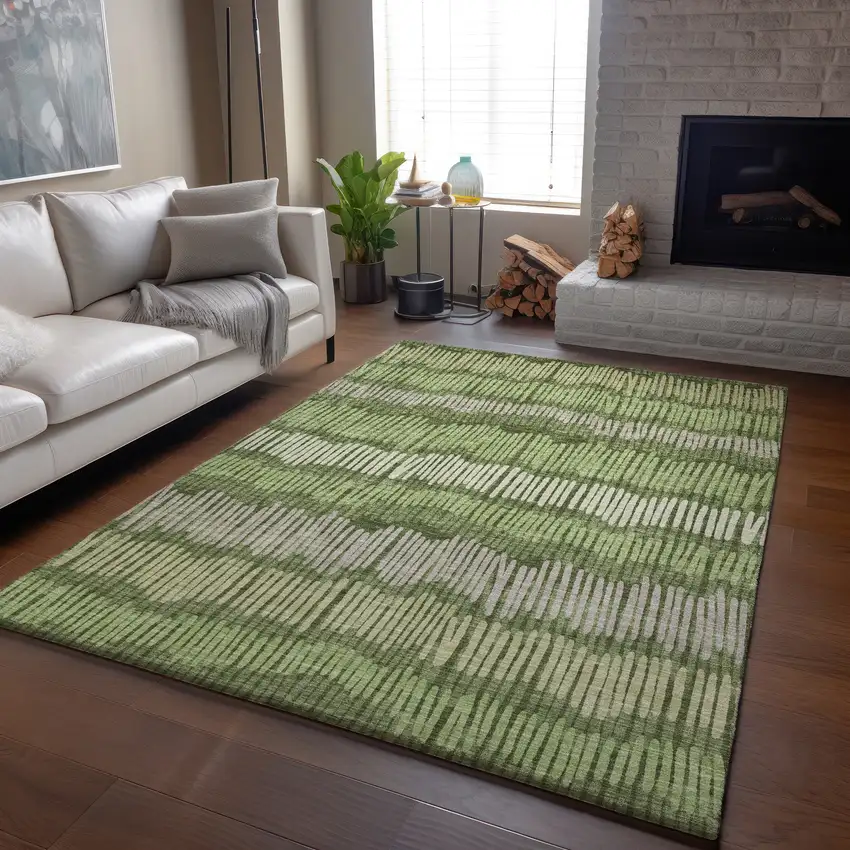 Olive Green Beige And Taupe Striped Washable Area Rug With UV Protection Photo 6