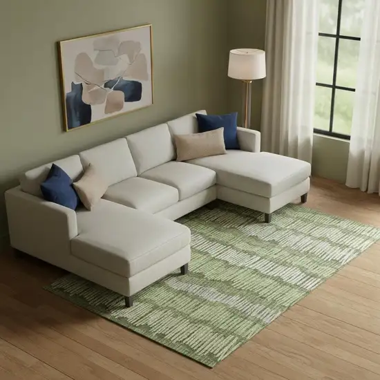 Olive Green Beige And Taupe Striped Washable Area Rug With UV Protection Photo 1