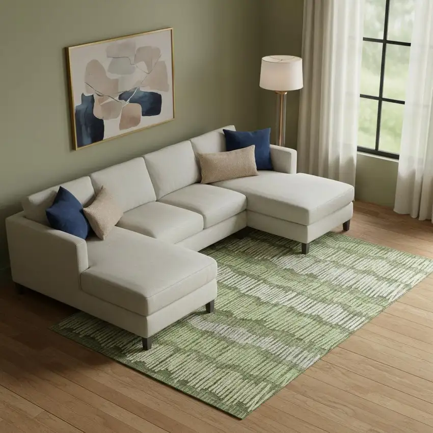 Olive Green Beige And Taupe Striped Washable Area Rug With UV Protection Photo 1