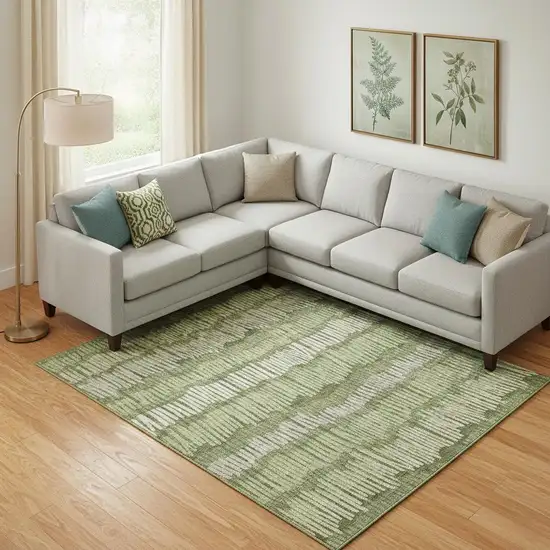 Olive Green Beige And Taupe Striped Washable Area Rug With UV Protection Photo 1