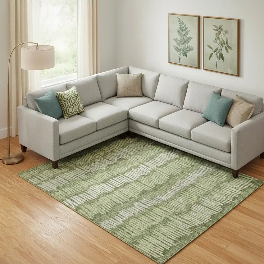 Olive Green Beige And Taupe Striped Washable Area Rug With UV Protection Photo 1