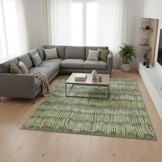 Olive Green Beige And Taupe Striped Washable Area Rug With UV Protection Photo 2