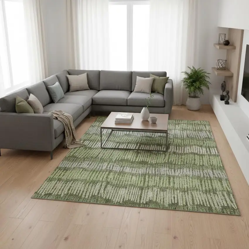 Olive Green Beige And Taupe Striped Washable Area Rug With UV Protection Photo 2