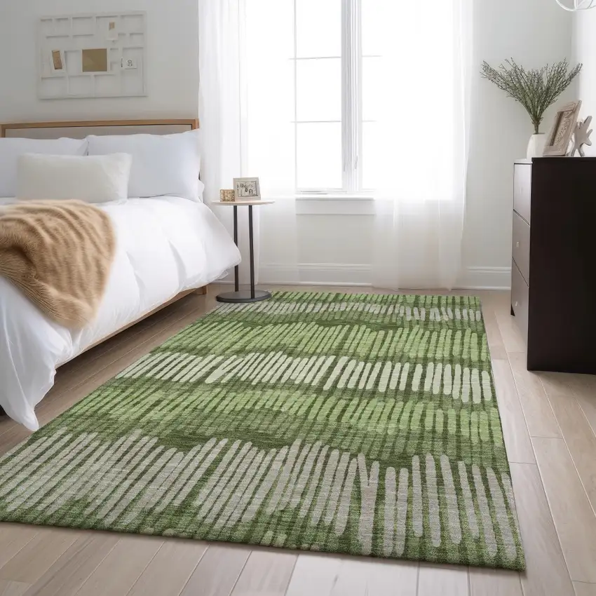 Olive Green Beige And Taupe Striped Washable Area Rug With UV Protection Photo 4