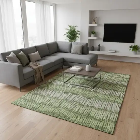 Olive Green Beige And Taupe Striped Washable Area Rug With UV Protection Photo 2