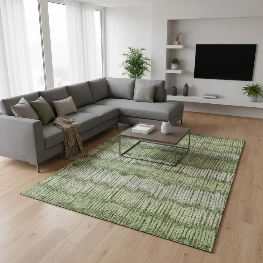 Olive Green Beige And Taupe Striped Washable Area Rug With UV Protection Photo 2