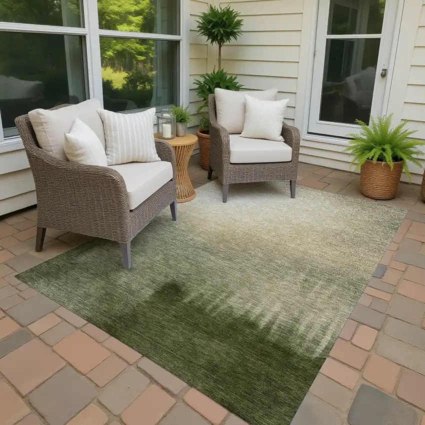 Olive Green Beige And Wheat Abstract Washable Indoor Outdoor Area Rug Photo 4