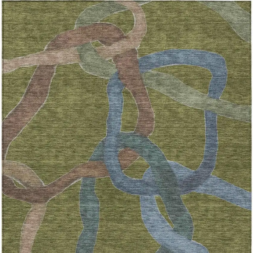 Olive Green Blue And Brown Abstract Washable Indoor Outdoor Area Rug Photo 3