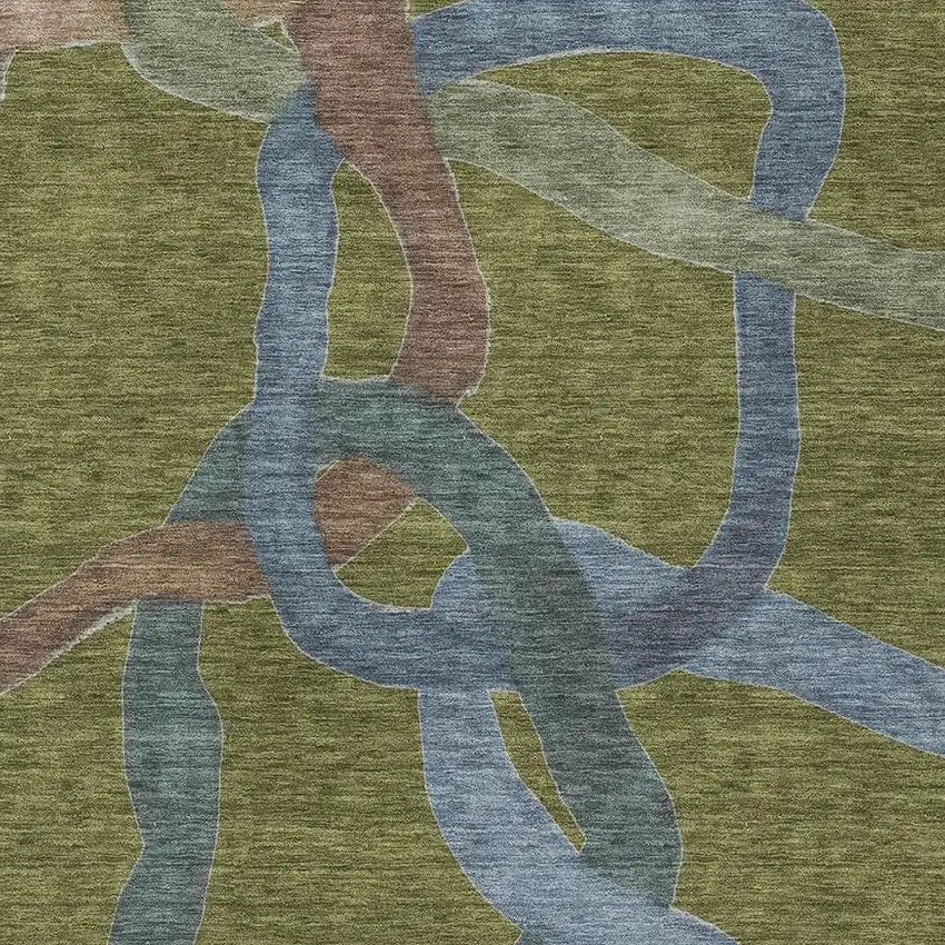 Olive Green Blue And Brown Abstract Washable Indoor Outdoor Area Rug Photo 2