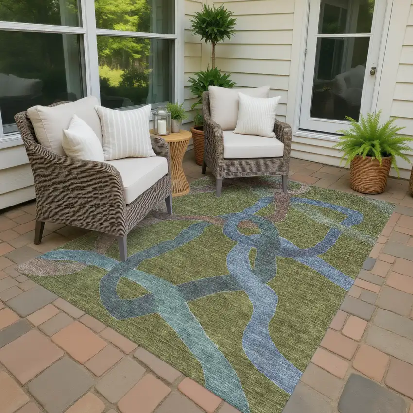 Olive Green Blue And Brown Abstract Washable Indoor Outdoor Area Rug Photo 4