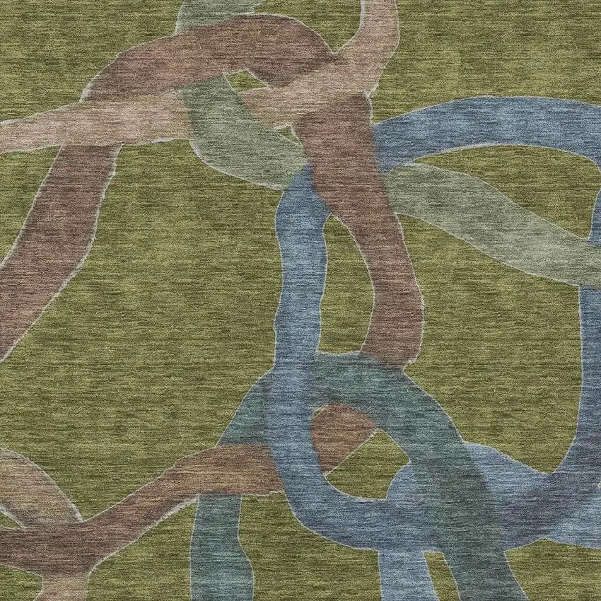 Olive Green Blue And Brown Abstract Washable Indoor Outdoor Area Rug Photo 2