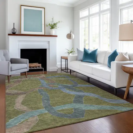 Olive Green Blue And Brown Abstract Washable Indoor Outdoor Area Rug Photo 6