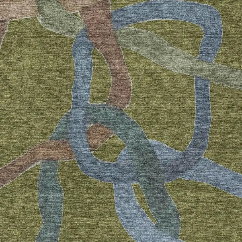 Olive Green Blue And Brown Abstract Washable Indoor Outdoor Area Rug Photo 2
